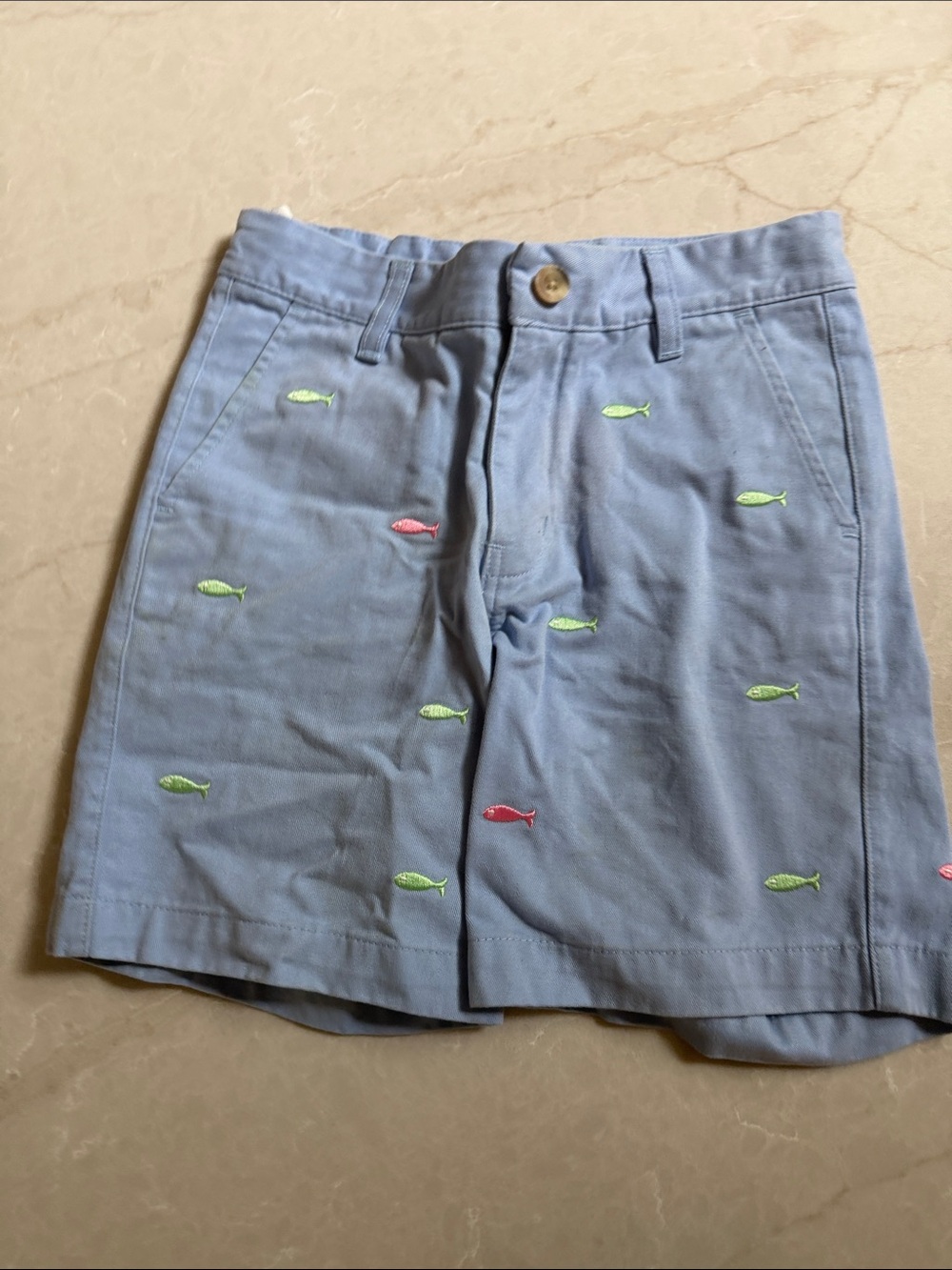 The Beaufort Bonnet Company Light Blue Embroidered Fish Kids Shorts